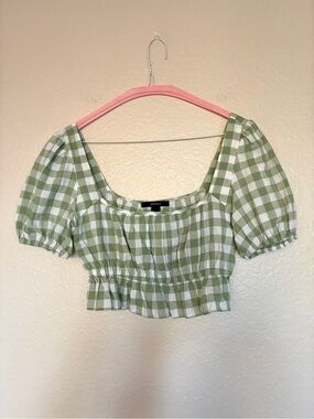 Forever 21 Green/White Gingham Puff Sleeve Cottagecore Crop Top Rouched Y2K